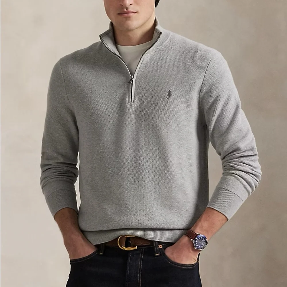 Polo Ralph Lauren Mens Mesh Knit Cotton Quarter 1/4 Zip Sweater Gray Grey XL